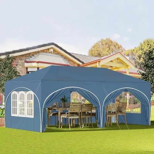 Tonnelle De Jardin Pliante Avec 6 Parois Latérales,Imperméable,Avec Sac De Transport,3x6m,Bleu
