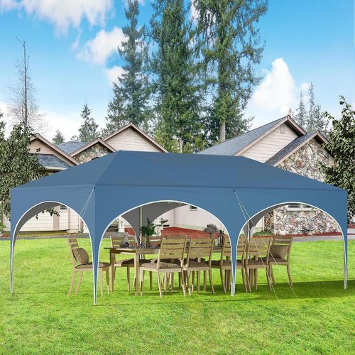 Tonnelle De Jardin Pliante Avec 6 Parois Latérales,Imperméable,Avec Sac De Transport,3x6m,Bleu