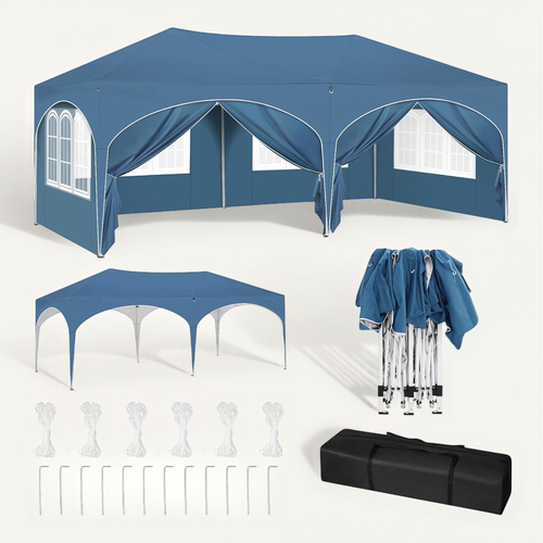 Tonnelle De Jardin Pliante Avec 6 Parois Latérales,Imperméable,Avec Sac De Transport,3x6m,Bleu