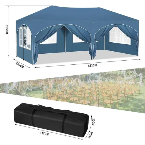 Tonnelle De Jardin Pliante Avec 6 Parois Latérales,Imperméable,Avec Sac De Transport,3x6m,Bleu