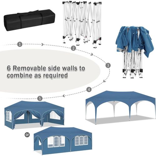 Tonnelle De Jardin Pliante Avec 6 Parois Latérales,Imperméable,Avec Sac De Transport,3x6m,Bleu