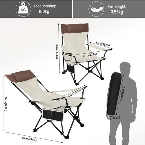 Chaise De Camping Pliable Avec Appui-tête,porte-gobelet,poche De Rangement,sac De Transport,beige