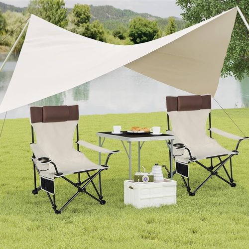 Chaise De Camping Pliable Avec Appui-tête,porte-gobelet,poche De Rangement,sac De Transport,beige