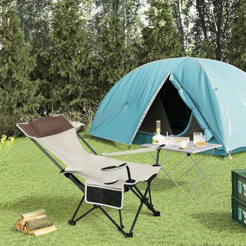 Chaise De Camping Pliable Avec Appui-tête,porte-gobelet,poche De Rangement,sac De Transport,beige