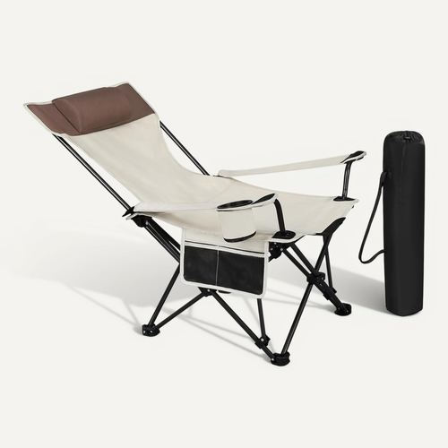 Chaise De Camping Pliable Avec Appui-tête,porte-gobelet,poche De Rangement,sac De Transport,beige