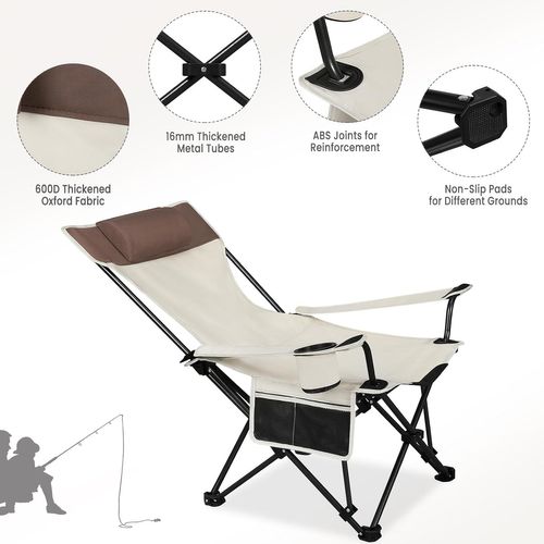 Chaise De Camping Pliable Avec Appui-tête,porte-gobelet,poche De Rangement,sac De Transport,beige