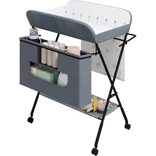 Table à Langer Pliable, Avec Roulettes+Panier De Rangement, Hauteur Réglable, Tissu Oxford, Gris