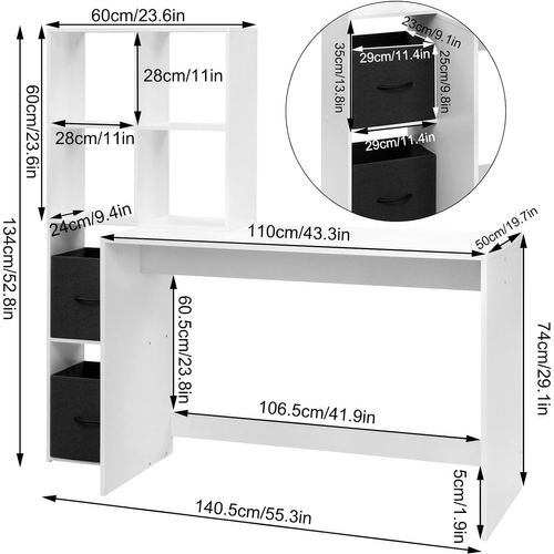 Table Avec Rangement Cubiques, Tiroirs En Tissu, Bureau D'ordinateur Avec Étagères, 140x50cm, Blanc