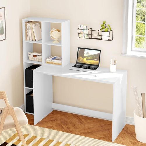 Table Avec Rangement Cubiques, Tiroirs En Tissu, Bureau D'ordinateur Avec Étagères, 140x50cm, Blanc