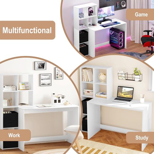 Table Avec Rangement Cubiques, Tiroirs En Tissu, Bureau D'ordinateur Avec Étagères, 140x50cm, Blanc