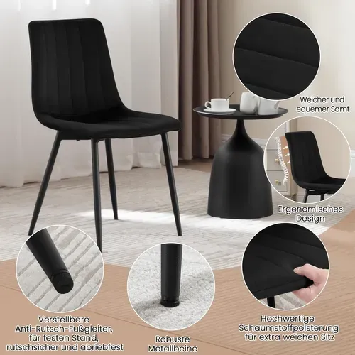 Lot De 4 Chaises De Salle à Manger Rembourrée En Velours, 4 Pieds En Métal, Noir