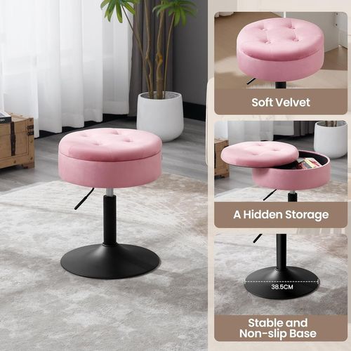 Tabouret Coiffeuse En Velours Réglable En Hauteur Pivotant Rose
