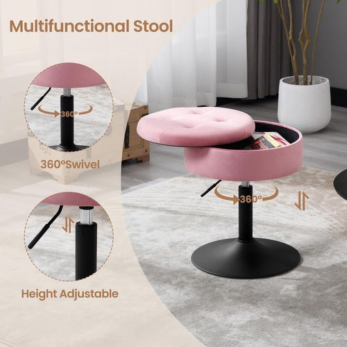 Tabouret Coiffeuse En Velours Réglable En Hauteur Pivotant Rose