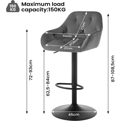 Lot De 2 Tabouret Bar Haute, Chaise Cuisine Pivotante, Hauteur Réglable, En Velours, Gris Foncé