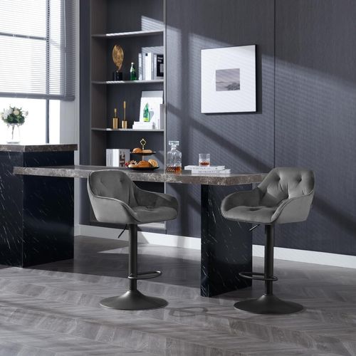 Lot De 2 Tabouret Bar Haute, Chaise Cuisine Pivotante, Hauteur Réglable, En Velours, Gris Foncé