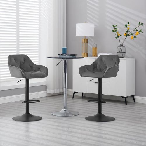 Lot De 2 Tabouret Bar Haute, Chaise Cuisine Pivotante, Hauteur Réglable, En Velours, Gris Foncé
