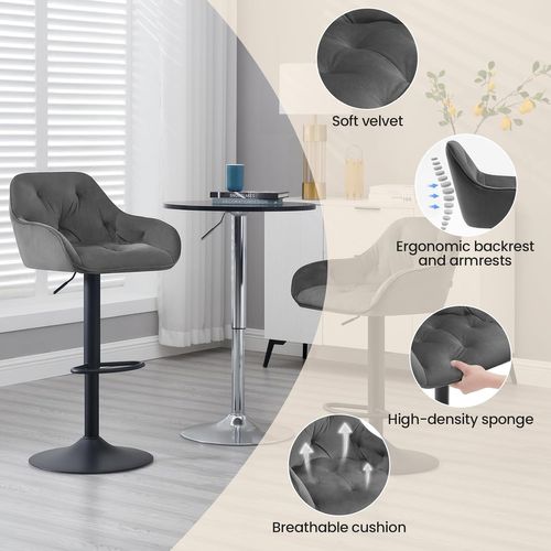 Lot De 2 Tabouret Bar Haute, Chaise Cuisine Pivotante, Hauteur Réglable, En Velours, Gris Foncé