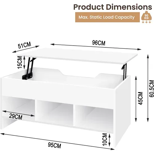 Table Basse Relevable Avec 1 Espace De Rangement Caché+3 Compartiments Ouverts,en Bois D'ingénierie