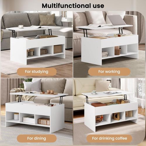 Table Basse Relevable Avec 1 Espace De Rangement Caché+3 Compartiments Ouverts,en Bois D'ingénierie