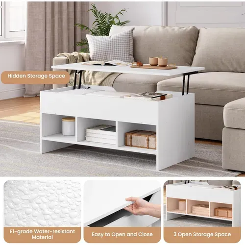 Table Basse Relevable Avec 1 Espace De Rangement Caché+3 Compartiments Ouverts,en Bois D'ingénierie