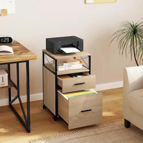 Caisson De Bureau à Roulettes,Meuble De Rangement à 2 Tiroirs Avec 1 Compartiment Ouvert,Bois Clair