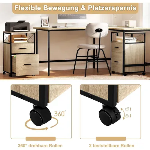 Caisson De Bureau à Roulettes,Meuble De Rangement à 2 Tiroirs Avec 1 Compartiment Ouvert,Bois Clair