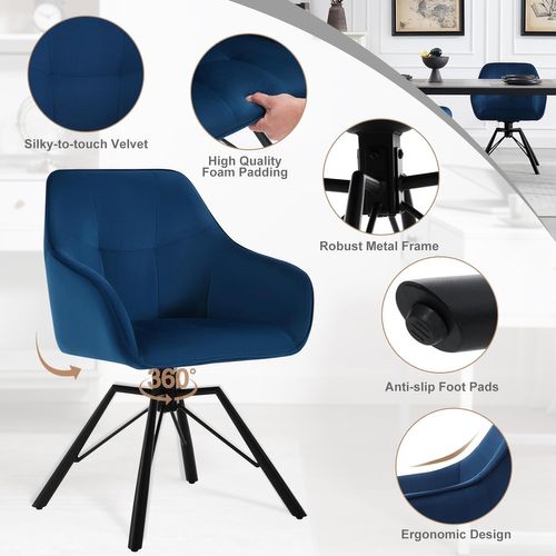 Lot De 2 Chaise Pivotante à 360°, Chaise Salle à Manger Rembourrée, Scandinave, En Velours, Bleu