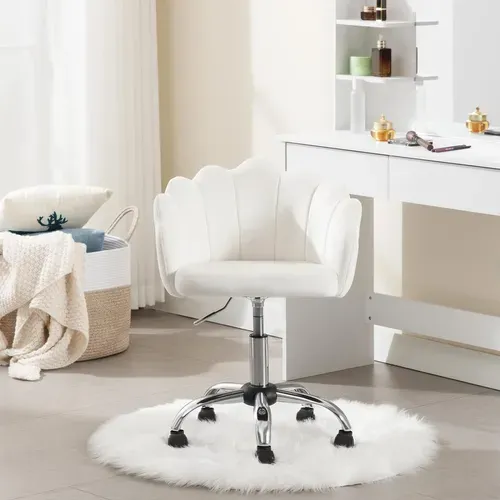 Chaise Bureau Pivotante, Chaise Coiffeuse Velours, Avec Dossier En Pétale, Crème Blanc