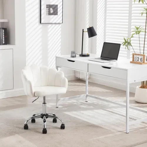 Chaise Bureau Pivotante, Chaise Coiffeuse Velours, Avec Dossier En Pétale, Crème Blanc