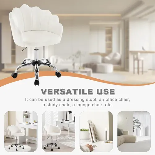 Chaise Bureau Pivotante, Chaise Coiffeuse Velours, Avec Dossier En Pétale, Crème Blanc