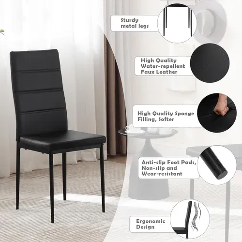 4 x Chaise Salle à Manger, Chaise Cuisine Avec Dossier Haut, Rembourré En Similicuir, Noir