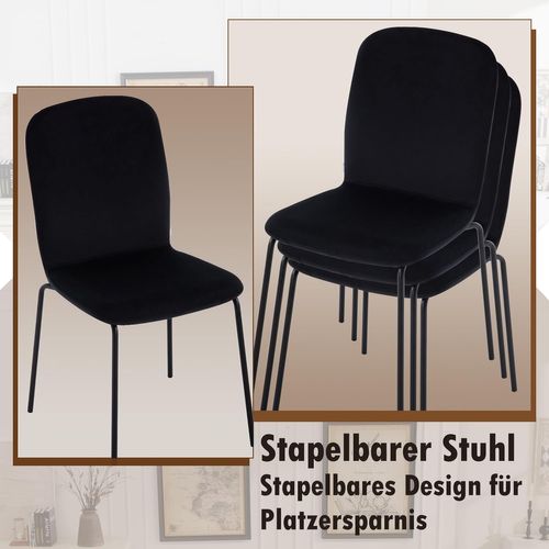 4 x chaise Salle à Manger Empilable, chaise Cuisine Velours, avec Dossier, pieds En Métal, noir