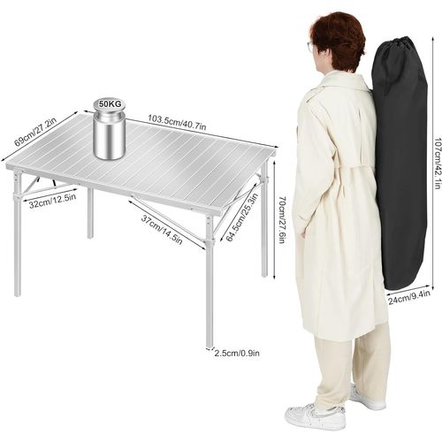Table De Camping Pliante En Aluminium,table D'appoint,capacité De Charge 60kg,104x69x70cmargent