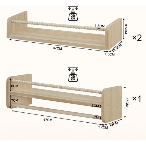 Lot De 3 Étagère Murale Pour Enfant,en Bois Massif,bibliothèque Enfant Avec Perles En Bois,50cm