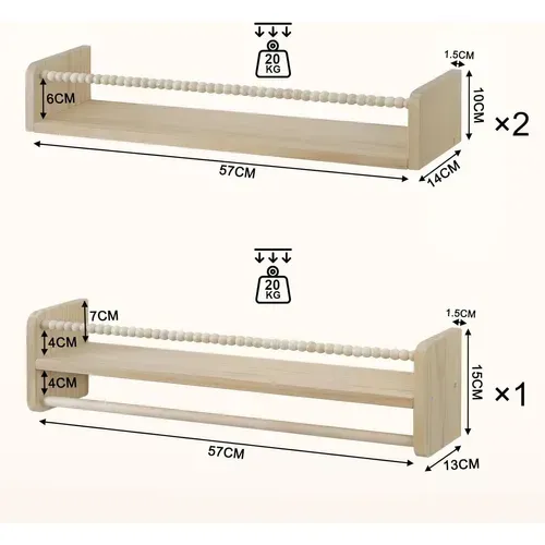 Lot De 3 Étagère Murale Pour Enfant,en Bois Massif,bibliothèque Enfant Avec Perles En Bois,60cm
