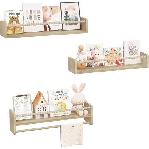 Lot De 3 Étagère Murale Pour Enfant,en Bois Massif,bibliothèque Enfant Avec Perles En Bois,60cm