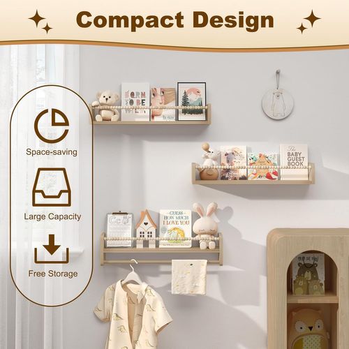 Lot De 3 Étagère Murale Pour Enfant,en Bois Massif,bibliothèque Enfant Avec Perles En Bois,60cm