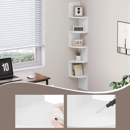 Étagère D'angle,Étagère Murale,Étagère Zigzag,Bibliothèque Angle à 5 Niveaux,Étagère Blanche,En Mdf