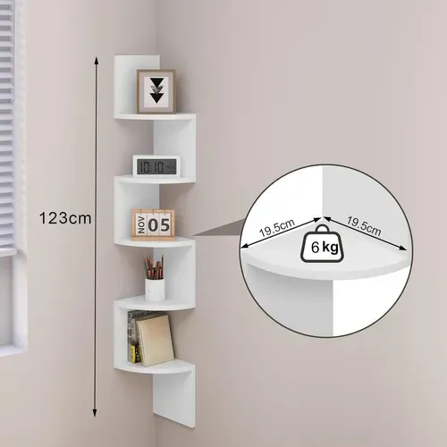 Étagère D'angle,Étagère Murale,Étagère Zigzag,Bibliothèque Angle à 5 Niveaux,Étagère Blanche,En Mdf