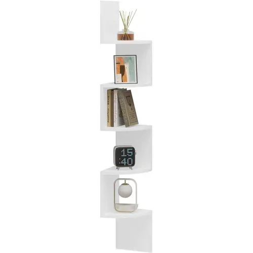 Étagère D'angle,Étagère Murale,Étagère Zigzag,Bibliothèque Angle à 5 Niveaux,Étagère Blanche,En Mdf