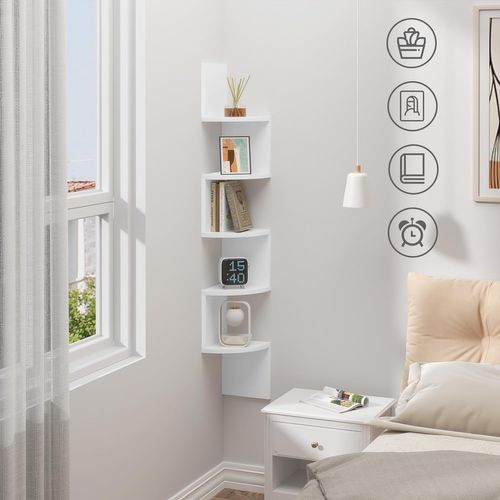 Étagère D'angle,Étagère Murale,Étagère Zigzag,Bibliothèque Angle à 5 Niveaux,Étagère Blanche,En Mdf