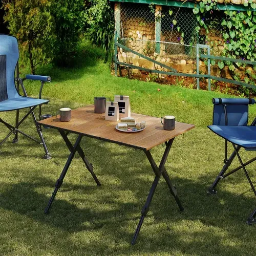 Table Camping Pliante Avec Hauteur Réglable Et Sac De Rangement, En Aluminium, Chêne Clair