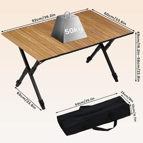 Table Camping Pliante Avec Hauteur Réglable Et Sac De Rangement, En Aluminium, Chêne Clair
