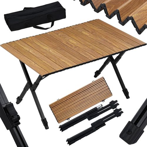 Table Camping Pliante Avec Hauteur Réglable Et Sac De Rangement, En Aluminium, Chêne Clair