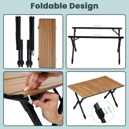 Table Camping Pliante Avec Hauteur Réglable Et Sac De Rangement, En Aluminium, Chêne Clair