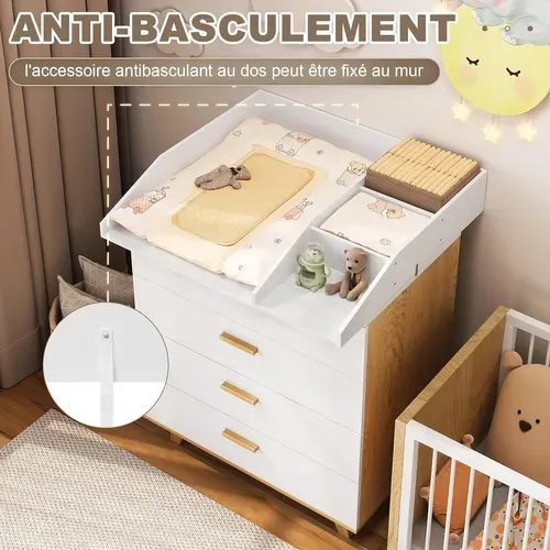 Plan à Langer Pour Commode, Table à Langer, Amovible, Avec Cloison, 80x74,5x13,5cm, Blanc