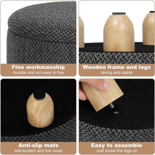 Pouf De Rangement,tabouret Rembourré Avec Couvercle,pouf Avec Pieds En Pin,ø39x33cm,gris Foncé