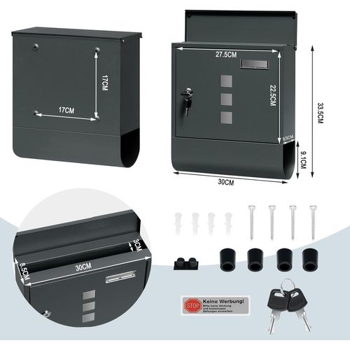 Boîte Aux Lettres Murale Verrouillable Avec 2 Clés, Porte-Journaux, 30,5x33,5x10cm, Anthracite