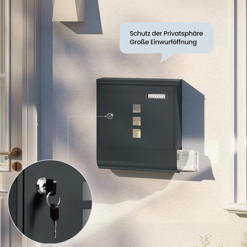 Boîte Aux Lettres Murale Verrouillable Avec 2 Clés, Porte-Journaux, 30,5x33,5x10cm, Anthracite