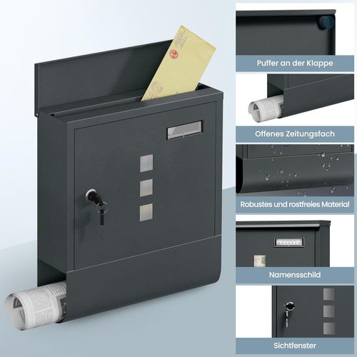 Boîte Aux Lettres Murale Verrouillable Avec 2 Clés, Porte-Journaux, 30,5x33,5x10cm, Anthracite